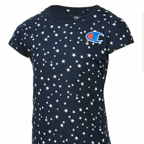 navy blue and white champion shirt